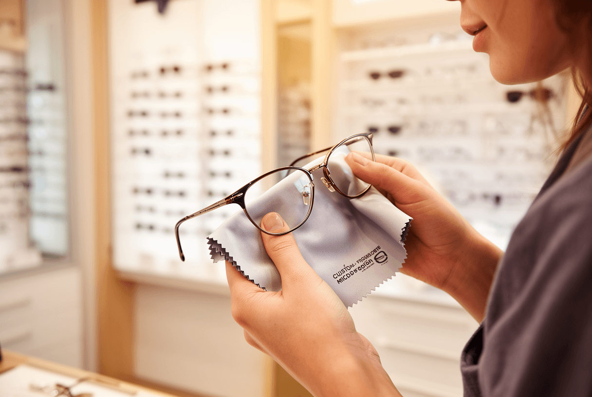 client boutique optique nettoie lunettes avec essuie-lunettes microfibre logo
